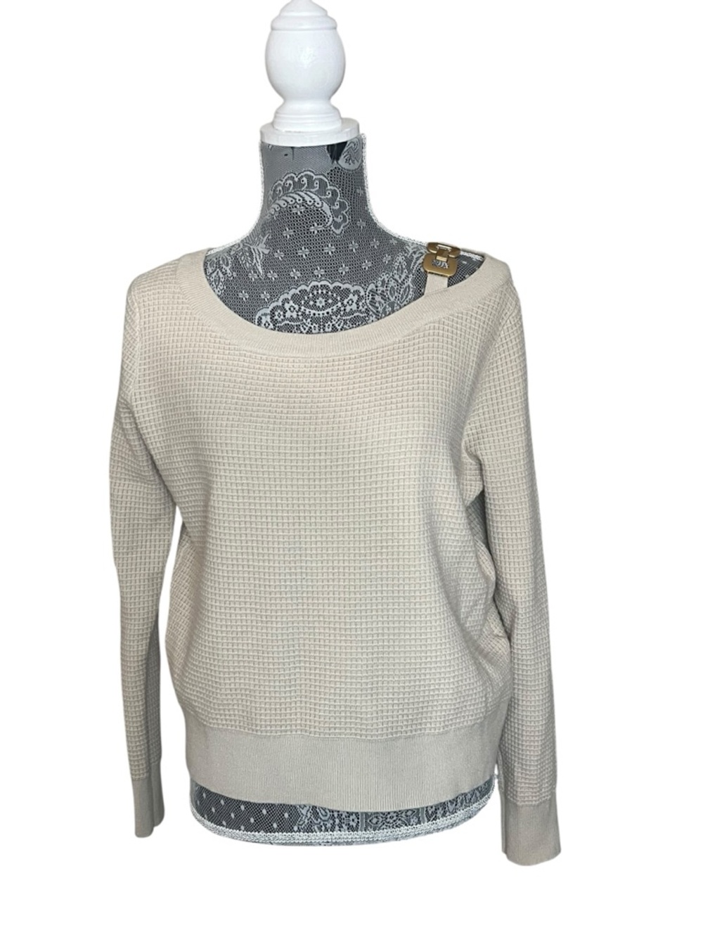 LIV Milano Cream Waffle Knit Sweater Medium Cozy Minimalist